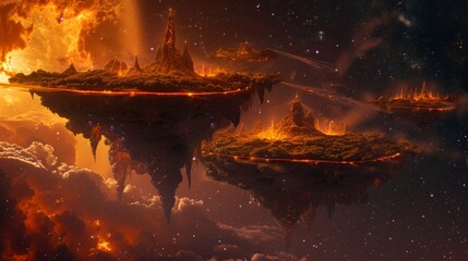 Mystical floating landmasses with glowing fissures and lava falls reflecting on clouds in a twilight atmosphere.
