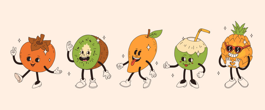 Retro groovy fruit characters. Funky cartoon mascot of persimmon kiwi mango green coconut pineaaple with happy smile face. Funny vintage trendy style character.