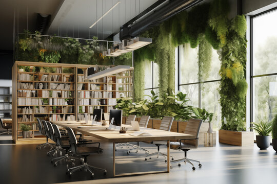 Office interiror with flora and fauna or vertical garden