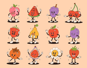 Retro groovy fruit characters. Funky cartoon mascot of peach watermelon plum cherry strawberry raspberry pear apple grape persimmon fig daisy flower with happy smile face.
