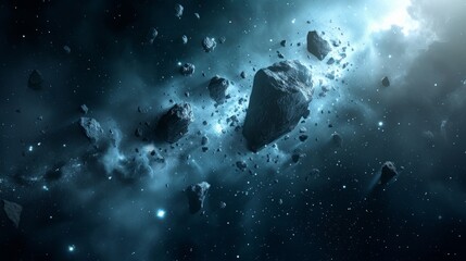 Asteroid field in space with varying sizes of rocks and debris illuminated by a distant star.
