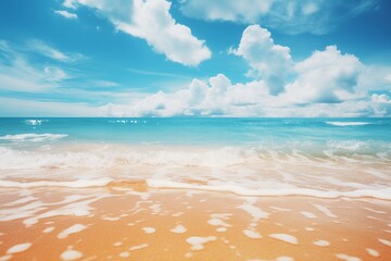 Fototapeta premium beautiful sandy beach and soft blue ocean wave. Сopy space for a product 