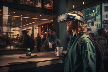 people using virtual headset in public, when ordering coffee at starbucks - obrazy, fototapety, plakaty