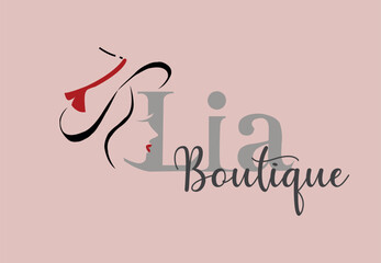 Luxury boutique and fashion logo. Vector artistic logo with hand-drawn lady in hat portrait isolated on pink background. Outline drawing. Good for women's cloths.