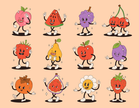 Retro groovy fruit characters. Funky cartoon mascot of peach watermelon plum cherry strawberry raspberry pear apple grape persimmon fig daisy flower with happy smile face.