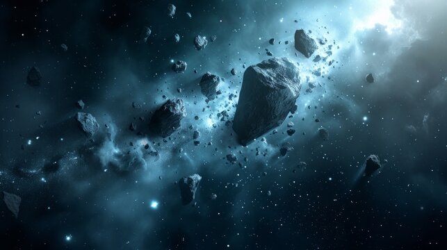 Asteroid field in space with varying sizes of rocks and debris illuminated by a distant star.
