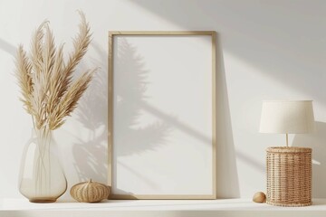 Vertical poster art mockup with beige wooden frame, dried grass in vase, wicker basket lamp on empty warm white background. Japandi interior decoration. A4, A3 format. 3d rendering, illustration - obrazy, fototapety, plakaty