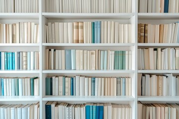 White, beige, blue books on white shelves on white design room south light