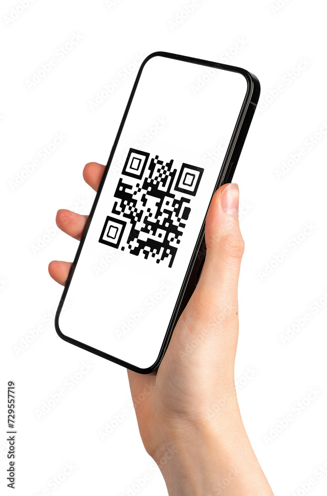 Poster QR code on mobile phone application. QRcode scanner app in hand isolated