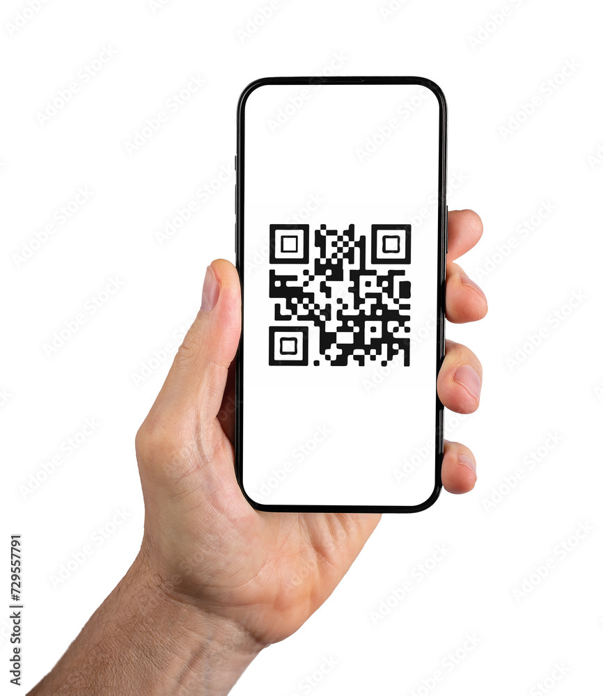 Aufkleber QR code on mobile phone app. QRcode scanner, reader app in hand isolated