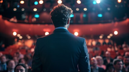 Empowering Moments: Rear View of Motivational Speaker Addressing Audience in Business Event