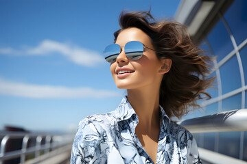 portrait of a beautiful fashionable woman in sunglasses on a bright sunny day against a blue sky