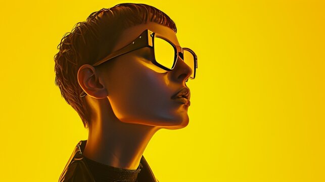 Futuristic Femme: Silhouetted Woman in Ultra-Realistic Metal Glasses on Yellow Background
