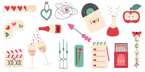 Vector illustrations for St. Valentine's Day, stickers, greeting cards. Set of romantic elements. Candles, glasses, notebook, apple.