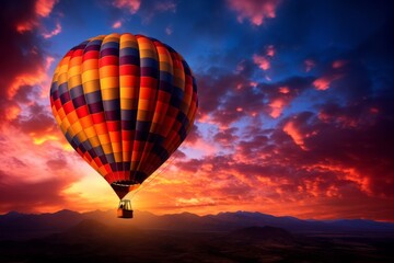 Against the sunset backdrop, the silhouette of a hot air balloon, wallpaper background