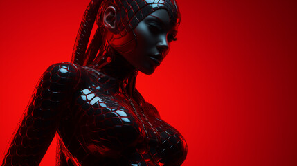 Girl cyborg cobra in a black leather suit made of scales on a red background. Fashion horror design.