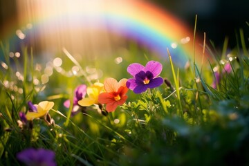 Rainbow over a green field with spring flowers, wallpaper background