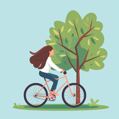 Girl rides a bicycle next to a tree