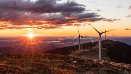 Obraz premium A group of wind power plants early in the morning while sunrise in Austria