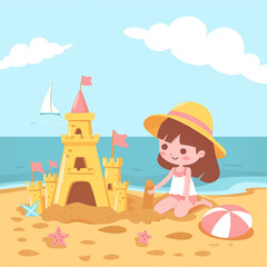 Obraz na płótnie Canvas Little girl building a sand castle on the beach