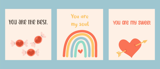 A set of cute cards for Valentine's Day. Banner for the site. Valentine's Day. Trendy and minimalistic posters with inscriptions and drawn illustrations about Valentine's Day, holiday, celebration. Po