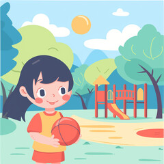 Naklejka premium Little girl playing with ball on the playground