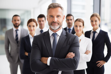 Confident business team posing with it's leader at a corporate office