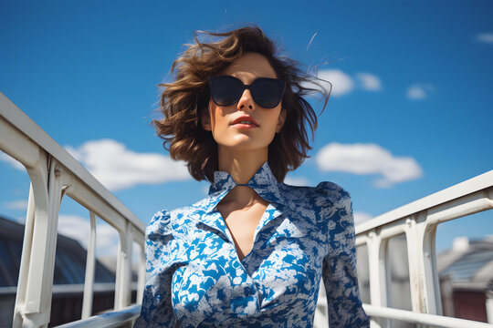 portrait of a beautiful fashionable woman in sunglasses on a bright sunny day against the backdrop of a city bridge