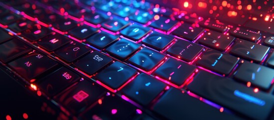 Computer keyboard on illuminated neon light background. AI generated image - obrazy, fototapety, plakaty