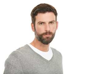 Fototapeta premium Serious, portrait and man in studio with casual clothes for fashion in V neck pullover top, beard and headshot. Face of a young model or person from the USA with relaxed style on a white background