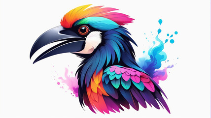 Minimalist Neon Line Hornbill Logo with Geometric Design, Vibrant Smoke Effects White Background with t-shirt design ai art