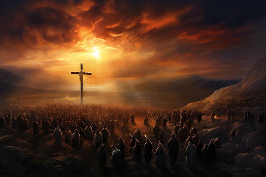 Crowd of people worshiping the cross durign suset golden sky, Jesus christ, easter
