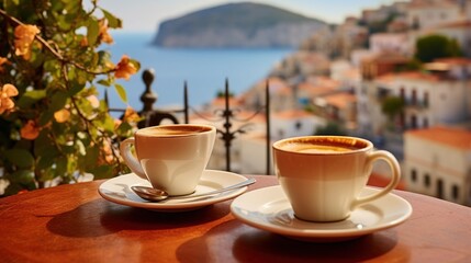 Traditional Greek coffee on the balcony with a beautiful Greek Mediterranean city in the background, A cup of coffee or tea on a blurred background of the evening Greek seascape. - obrazy, fototapety, plakaty