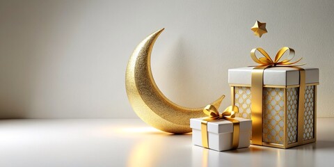 Islamic background, lantern, gold crescent moon on white. Design concept of Ramadan Kareem, mawlid, Iftar, Isra and Miraj or Eid Al Fitr Adha. 3D illustration