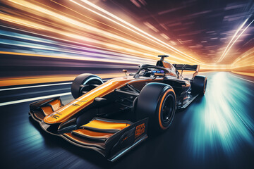 Epic modern formula 1 car driving fast on the track with blurred background