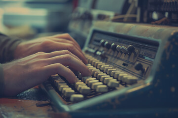 A close-up image capturing an old man typing on an old typewriter, focusing on his hands as they press the keys.