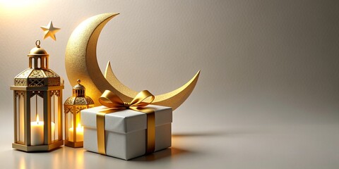 Islamic background, lantern, gold crescent moon on white. Design concept of Ramadan Kareem, mawlid, Iftar, Isra and Miraj or Eid Al Fitr Adha. 3D illustration - obrazy, fototapety, plakaty