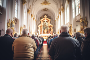 Holy mass in Christian church, Inside a spacious church, people are praying quietly - obrazy, fototapety, plakaty