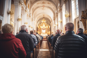 Holy mass in Christian church, Inside a spacious church, people are praying quietly - obrazy, fototapety, plakaty