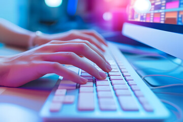 A close-up image capturing a woman typing on a computer keyboard, focusing on his hands as they press the keys.