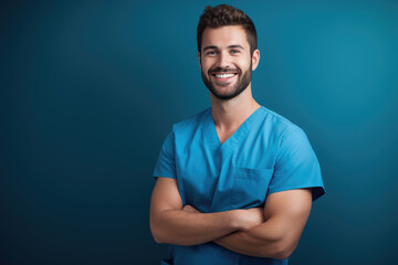 Portrait of a smiling happy male medical doctor or nurse standing isolate on blue background, Medical concept.