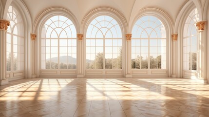 Fototapeta na wymiar Empty elegant spacious room with big windows, empty banquet hall warm sunlight, and wooden floors.