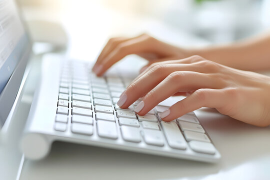 A close-up image capturing a woman typing on a computer keyboard, focusing on his hands as they press the keys.