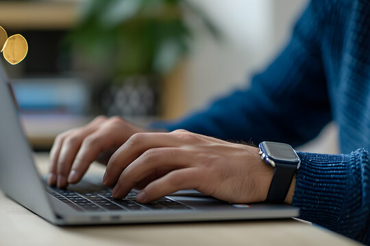 A close-up image capturing a man typing on a computer keyboard, focusing on his hands as they press the keys.