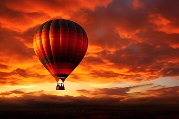 Illuminated by the fading sunlight, a hot air balloon silhouette lifts above the horizon, copy space