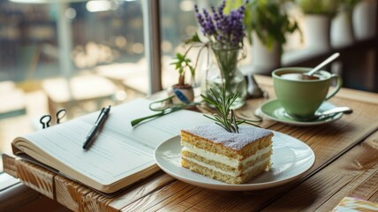 cozy morning setting with coffee, cake, and a notebook on a wooden table.