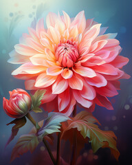 Dahlia flower. Flower with stem and leaves. Illustration of a dahlia in a realistic style on a blurred background - obrazy, fototapety, plakaty