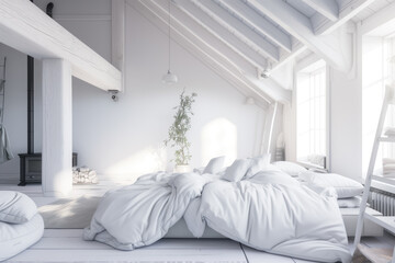 White bedroom concept. Scandinavian interior design. Generative AI