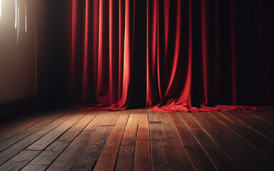 Red curtains in a wooden room, wooden floor, light shining through the window.