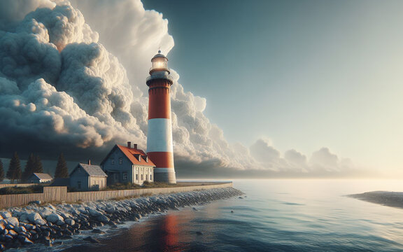 Lighthouse, seaside, sea coast during a cloudy day